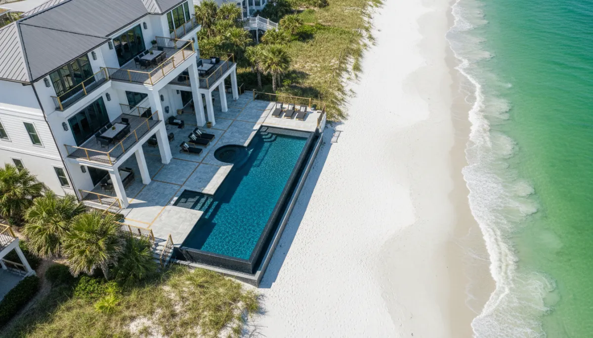 photorealistic aerial view of a luxurious NW Florida beach vacation rental home with a pool, white sand beach, emerald-green water, and subtle gold #d4ac37 accents on outdoor furniture and railings