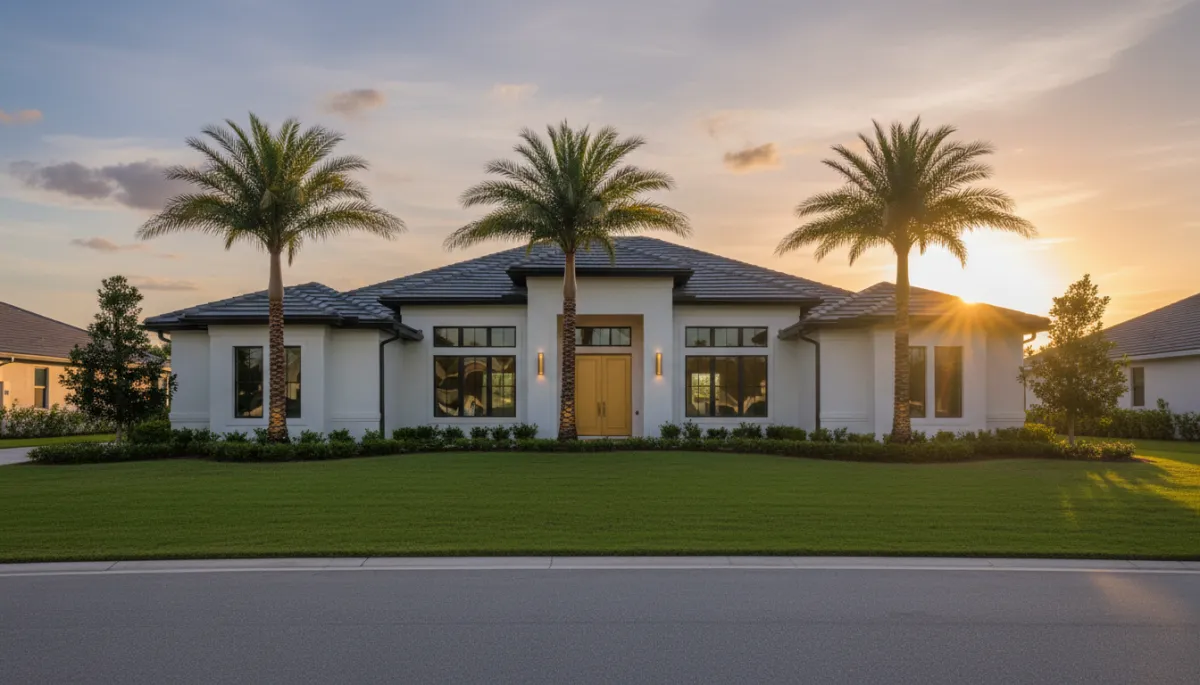 photorealistic sunset view of a stylish three-bedroom Florida single-family home with manicured lawn, palm trees, and subtle gold #d4ac37 accents on the front door and porch lighting, quiet Emerald Coast neighborhood street, warm natural light