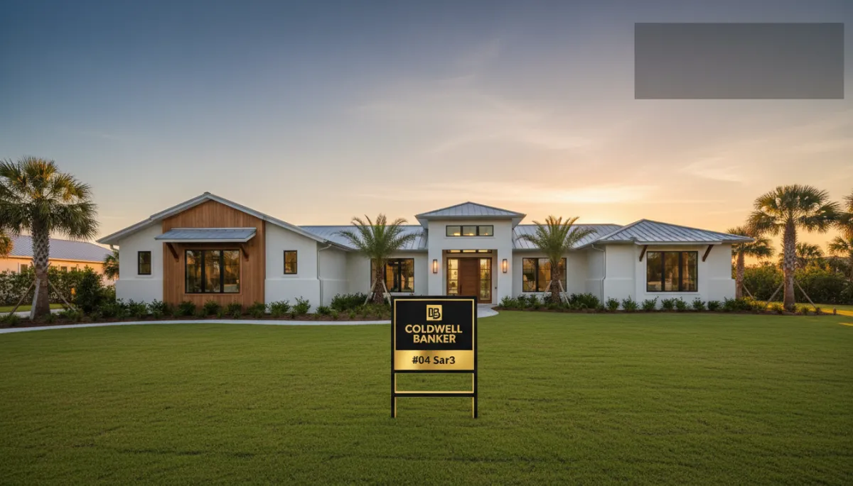 photorealistic wide shot of a modern NW Florida home with manicured lawn, gold #d4ac37 accented Coldwell Banker For Sale sign in front yard, warm sunset light, subtle text overlay area on sky