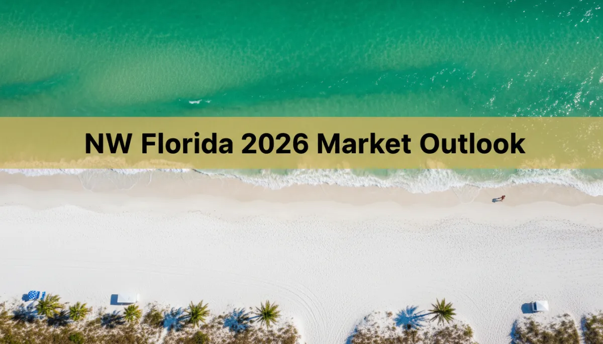 photorealistic aerial view of Emerald Coast beach at midday with brilliant emerald-green water, white sand, and a subtle gold #d4ac37 accent overlay banner reading 'NW Florida 2026 Market Outlook'