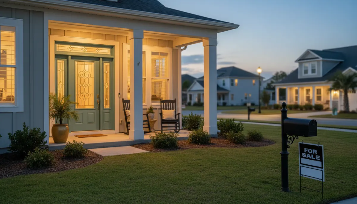 photorealistic twilight exterior of a well-kept NW Florida coastal-style home with warm interior lights glowing, manicured lawn, subtle gold #d4ac37 accents on the front door and porch decor, black metal mailbox with For Sale sign in front, soft focus background of a tidy neighborhood street