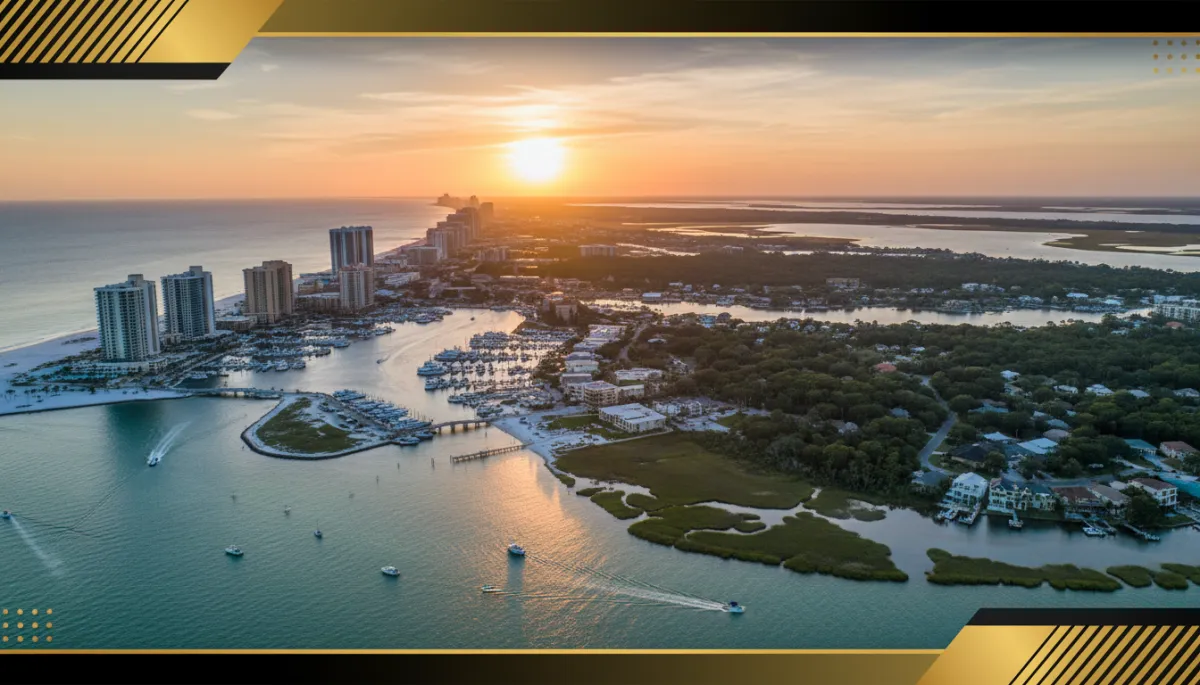 photorealistic golden-hour aerial of NW Florida coastline showing Destin's high-rise condos and harbor on the left and Niceville's tree-lined neighborhoods and bayou shoreline on the right, subtle gold #d4ac37 and black accents in title overlay graphics