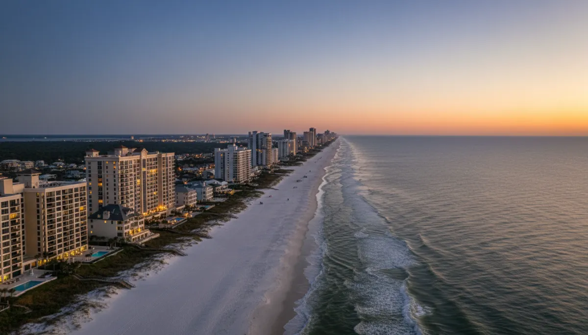 photorealistic twilight aerial of Emerald Coast beachfront condos and single-family homes, warm interior lights on, subtle gold #d4ac37 and black accents in building details, overlay text space in sky area, calm Gulf waters and white sand visible