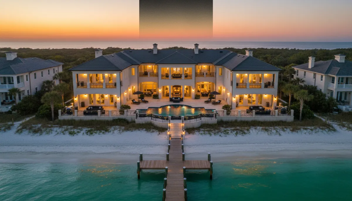 photorealistic twilight aerial of a stunning NW Florida Gulf-front estate with pool and dock, soft golden exterior lighting, subtle accents in gold #d4ac37 and black along railings and outdoor furniture, wide view of emerald water and white sand beach, elegant typography area for title overlay