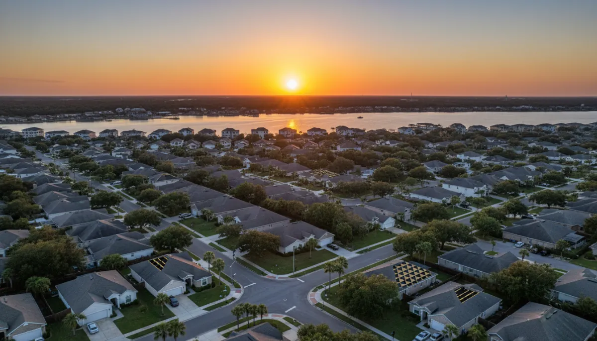 photorealistic aerial sunset view of Emerald Coast neighborhoods near Eglin AFB, with tidy single-family homes, tree-lined streets, and a glimpse of Choctawhatchee Bay, subtle accents in gold #d4ac37 and black on street signs and roofs