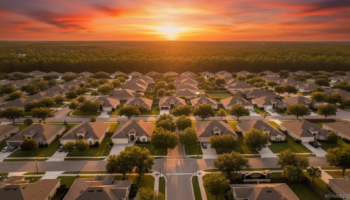 photorealistic aerial sunset view of a Crestview FL suburban neighborhood with single-family homes, tree-lined streets, and distant pine forests, warm golden light reflecting off rooftops, subtle gold #d4ac37 and black accents on neighborhood signage and streetlights