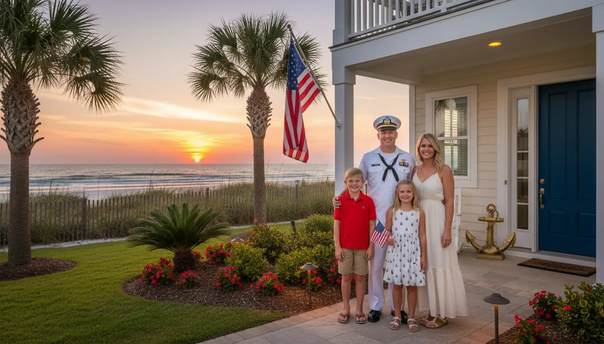 photorealistic evening scene of a military family with two children standing in front of a coastal Florida home, American flag on the porch, Navy blue front door, subtle patriotic red and gold accents in landscaping lights and decor, warm sunset over the Emerald Coast in the background