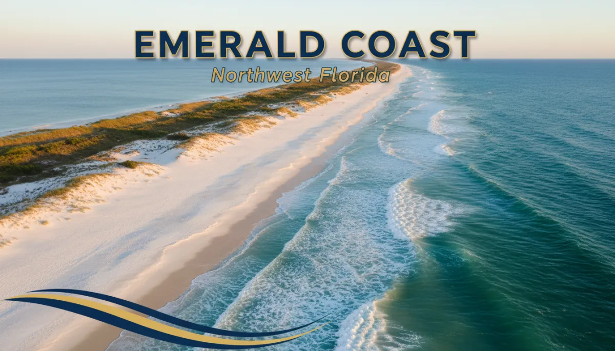 photorealistic aerial view of Emerald Coast turquoise water and sugar-white sand beach along Northwest Florida coastline at golden morning light, wide cinematic composition, subtle Navy Blue (#002F6C) and Gold (#D4AC37) graphic accents for text overlay