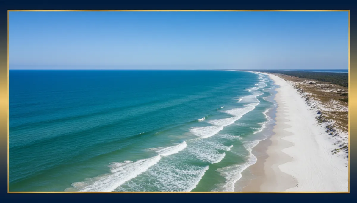 photorealistic aerial view of NW Florida Emerald Coast with turquoise water, sugar white sand beaches, gentle waves, bright blue sky, subtle navy blue and gold accents in framing