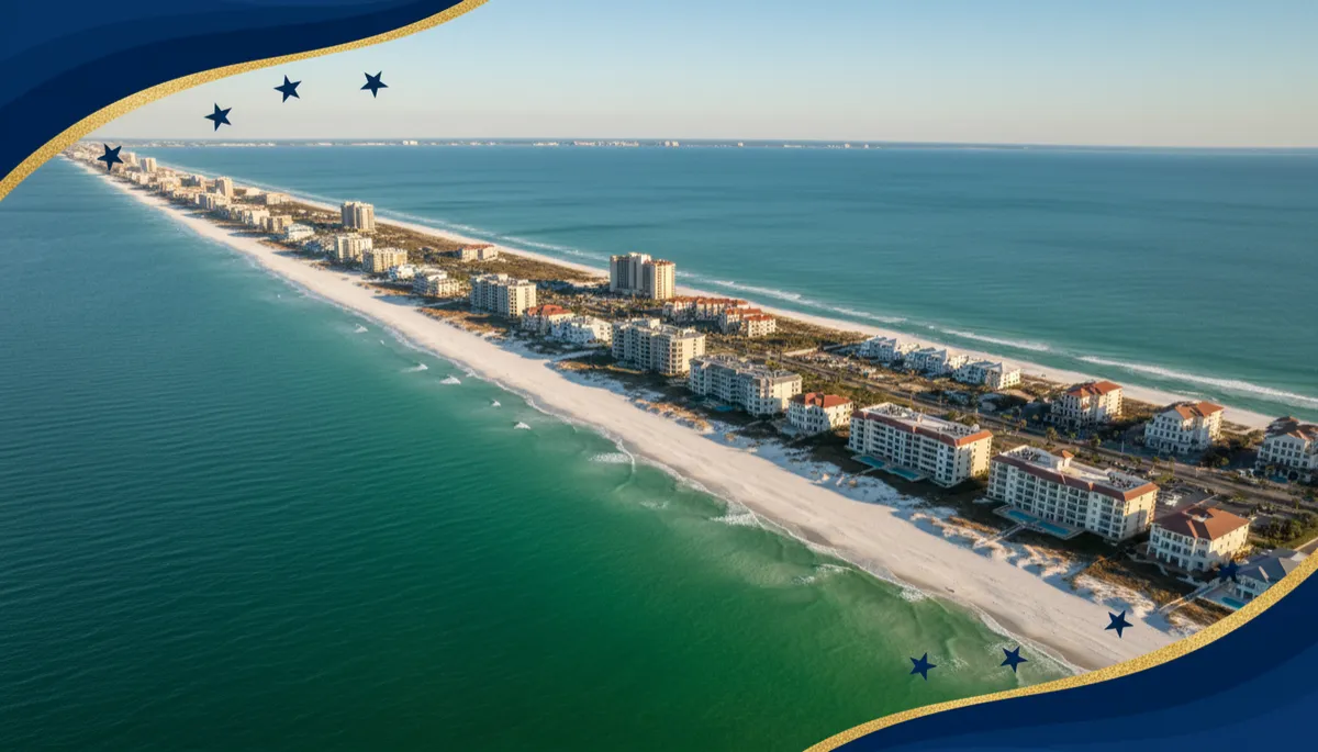 photorealistic wide aerial view of Destin and Emerald Coast shoreline, emerald-green water, white sand beaches, mid-rise condos and homes, bright warm coastal Florida tones, subtle navy blue and gold graphic overlay accents