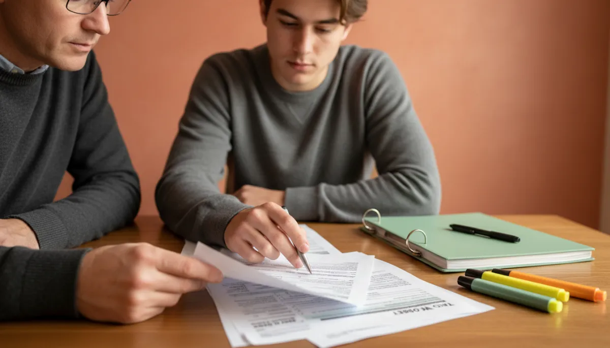 Parent and student organizing education tax forms together