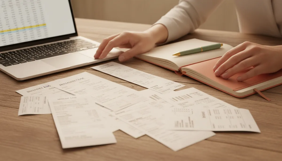 Photorealistic scene of a self-employed person organizing business receipts and logs