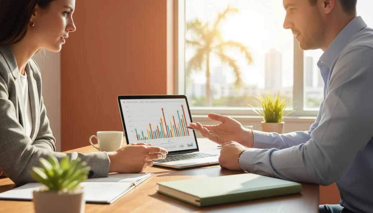 Financial advisor and client discussing year-end tax strategies in an office