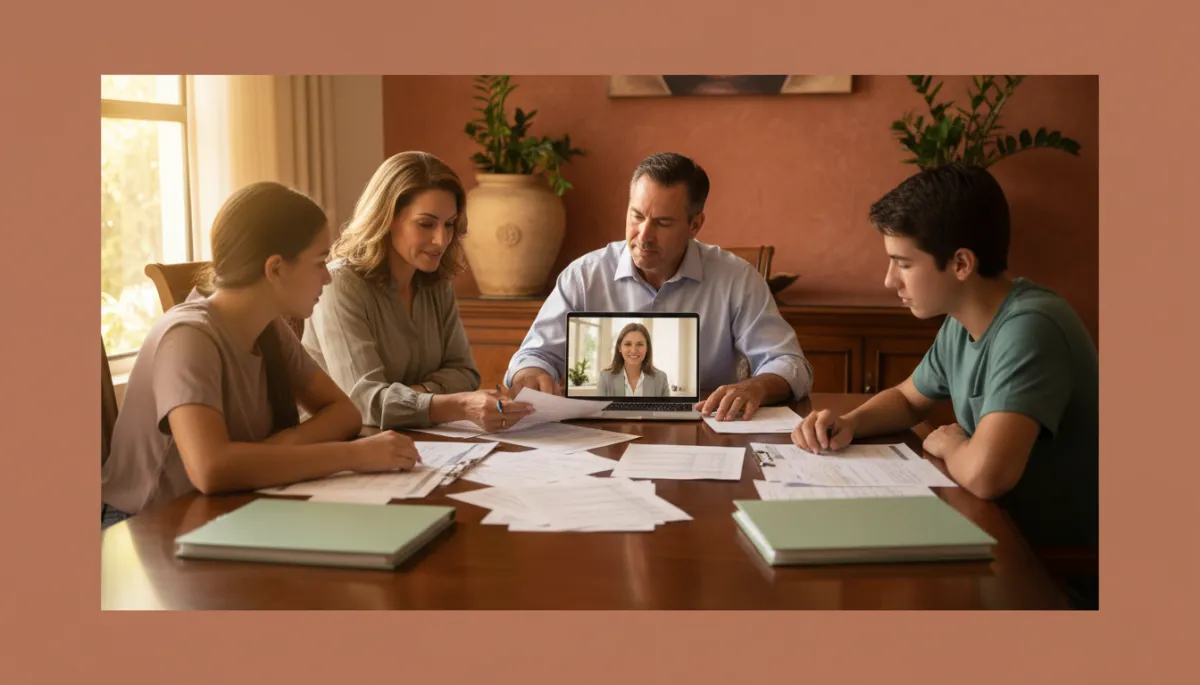 Family reviewing organized tax paperwork with guidance from a professional advisor