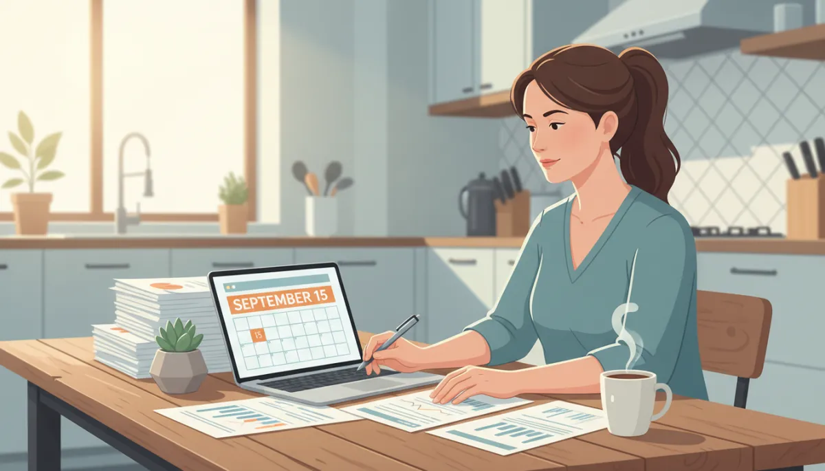 Business owner at a kitchen table reviewing tax documents and a laptop calendar highlighting September 15, soft natural light, calm but focused mood Business owner at a kitchen table reviewing tax documents and a laptop calendar highlighting September 15, soft natural light, calm but focused mood