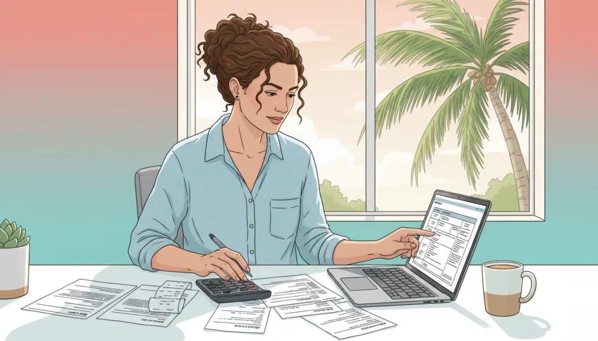 Self-employed professional in a bright Miami home office reviewing receipts and tax documents on a laptop, palm trees visible through the window, calculator and coffee on the desk Self-employed professional in a bright Miami home office reviewing receipts and tax documents on a laptop, palm trees visible through the window, calculator and coffee on the desk