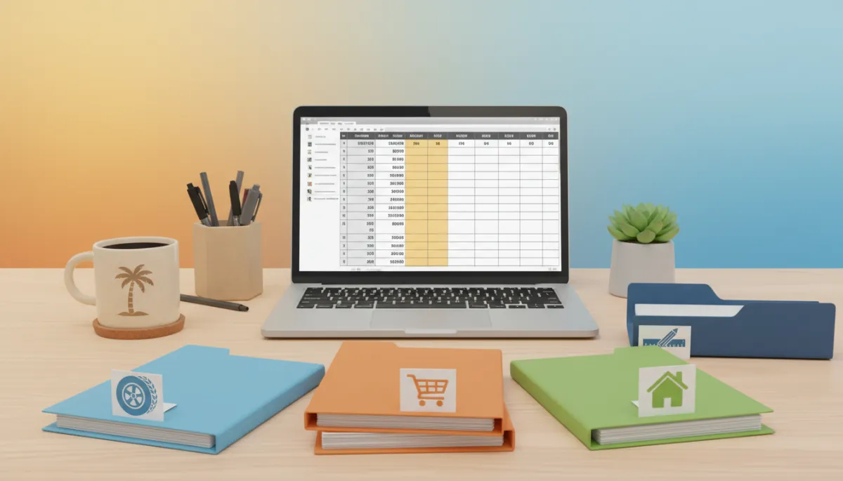 Close-up of a Florida freelancer’s desk with categorized folders labeled mileage, receipts, home office, and supplies, plus a laptop showing a spreadsheet Close-up of a Florida freelancer’s desk with categorized folders labeled mileage, receipts, home office, and supplies, plus a laptop showing a spreadsheet