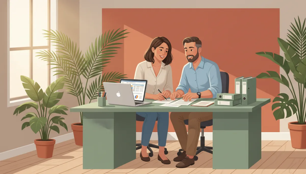 Photorealistic scene of a South Florida small business owner meeting with a tax professional in a bright office, terracotta accent wall, sage green binders and desk accessories, laptop open to financial spreadsheets, both reviewing documents calmly