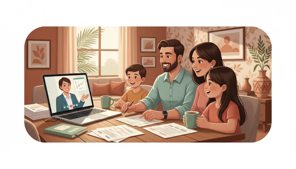 Photorealistic South Florida family sitting at a dining table with a laptop and tax documents, warm terracotta accents in the room, sage green notebook and coffee mug on the table, smiling as they review their tax plan with a professional via video call on the laptop