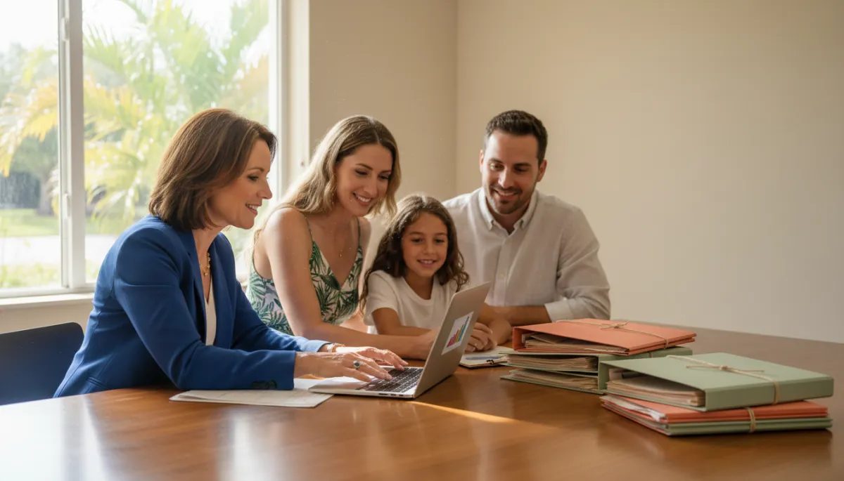 Photorealistic scene of a North Lauderdale tax professional meeting with a young South Florida family at a desk, open laptop, organized folders in terracotta and sage green tones, soft natural light from a nearby window