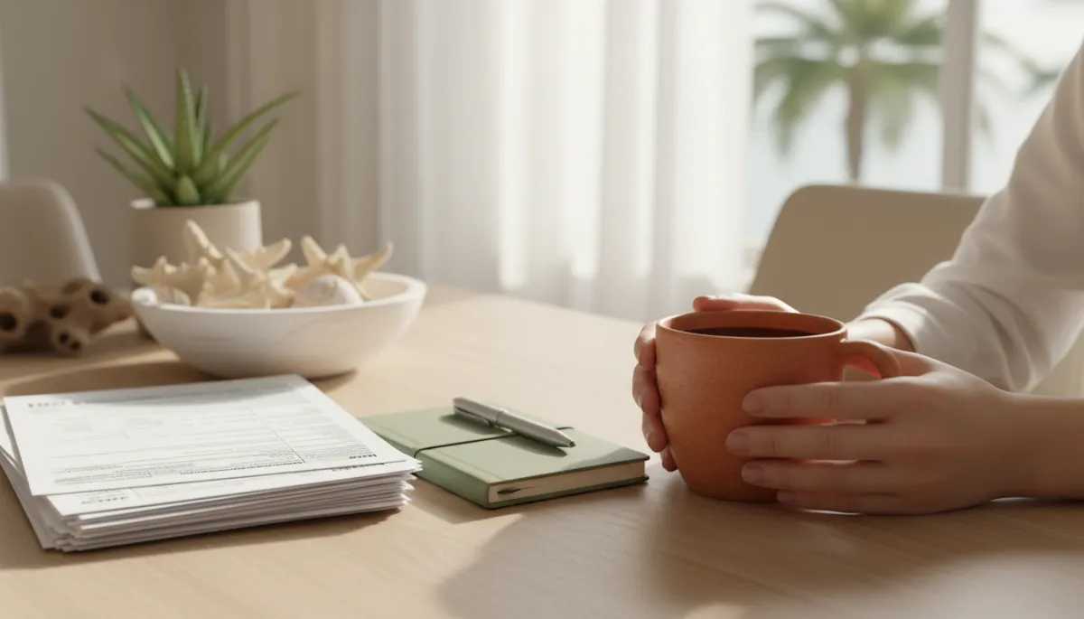 Photorealistic close-up of hands holding a terracotta coffee mug next to neatly stacked tax documents and a sage green notebook on a dining table, soft morning light, subtle coastal South Florida decor in background