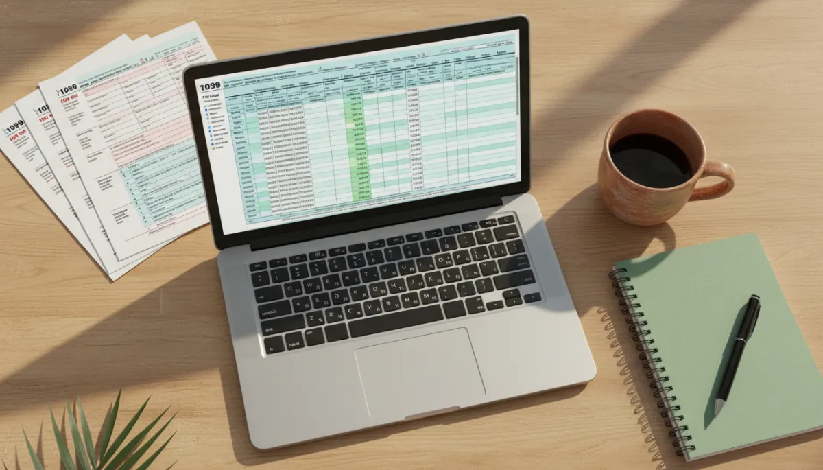 Photorealistic overhead shot of a South Florida freelancer’s desk with a laptop open to a tax spreadsheet, a terracotta coffee mug, sage green notebook, and neatly stacked 1099 forms, warm natural light