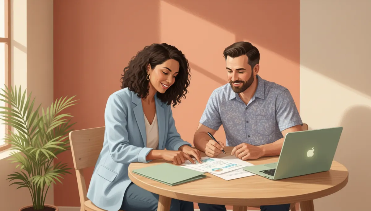 Photorealistic scene of a South Florida tax professional and a self-employed client sitting at a small round table, terracotta accent wall, sage green folders and laptop, both reviewing a printed tax estimate with friendly focused expressions