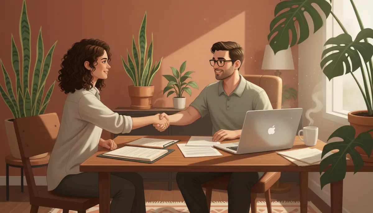 Photorealistic scene of a South Florida freelancer meeting with a tax professional in a cozy North Lauderdale office, terracotta accent wall, sage green plants, paperwork and laptop on the desk, warm natural light
