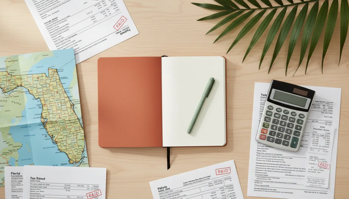 Photorealistic overhead view of a terracotta notebook, sage green pen, calculator, and tax documents on a light wood desk, with a Florida map and palm leaf in frame