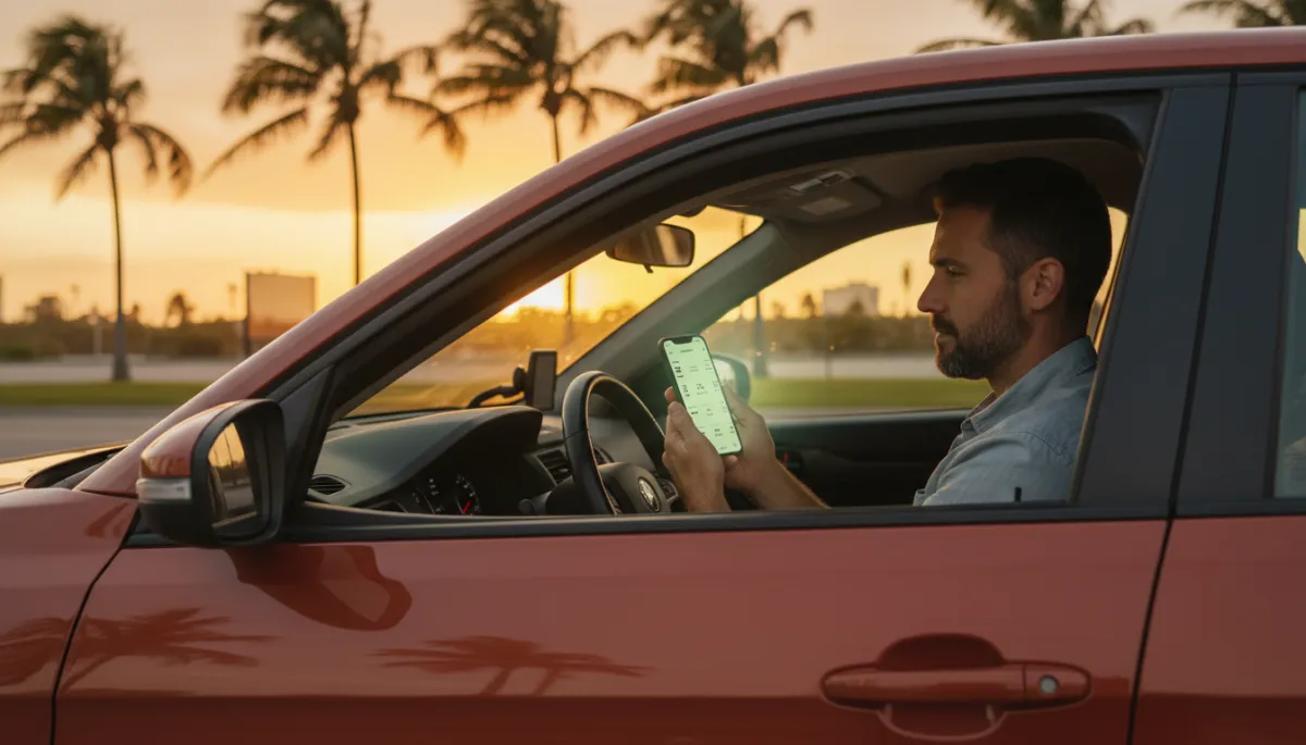 Photorealistic scene of a South Florida rideshare driver in a terracotta-colored car, parked under palm trees at sunset, reviewing income and tax estimates on a smartphone with a sage green app interface