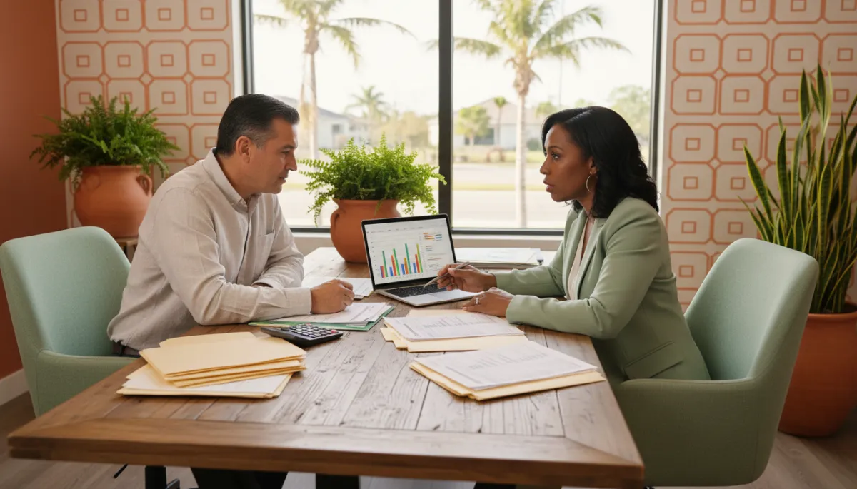 Photorealistic office scene in North Lauderdale with terracotta and sage green decor, tax professional Vivian Coleman meeting with a South Florida client across a desk covered in organized tax documents and a laptop showing charts