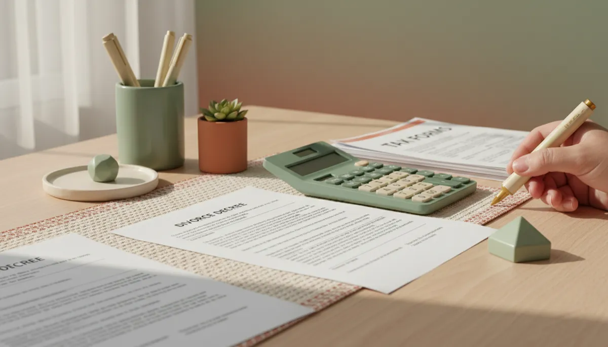 Divorce documents and tax forms being reviewed carefully with a calculator