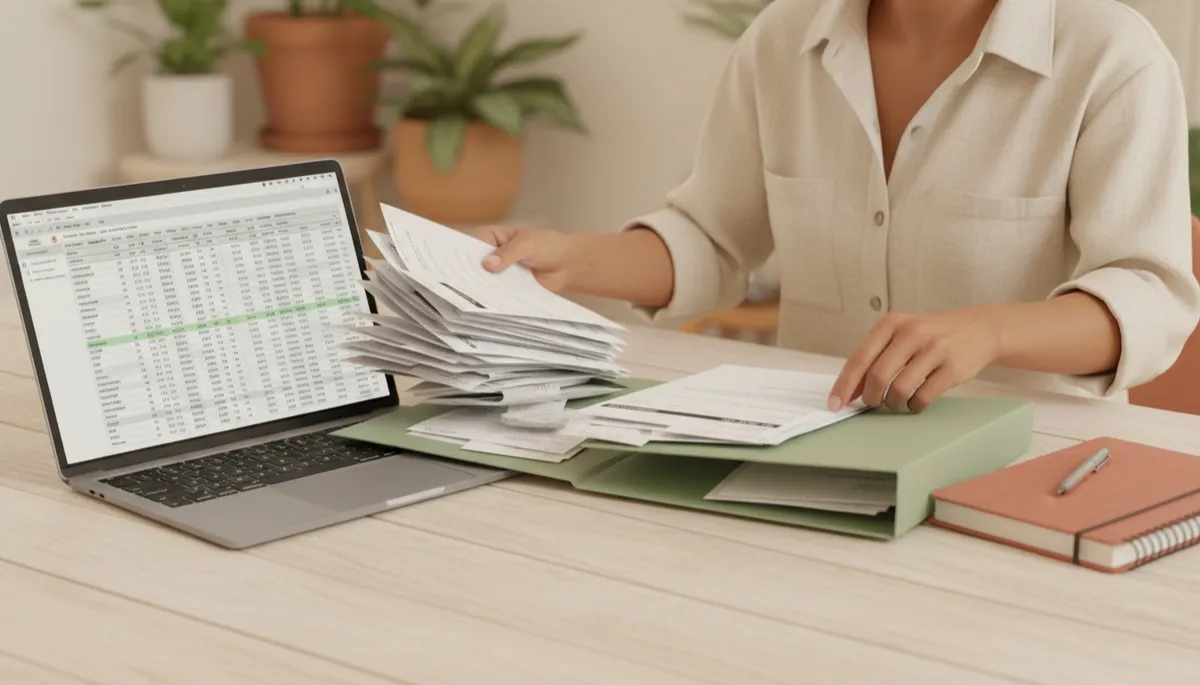 Small business owner organizing tax records at a neatly arranged desk Small business owner organizing tax records at a neatly arranged desk