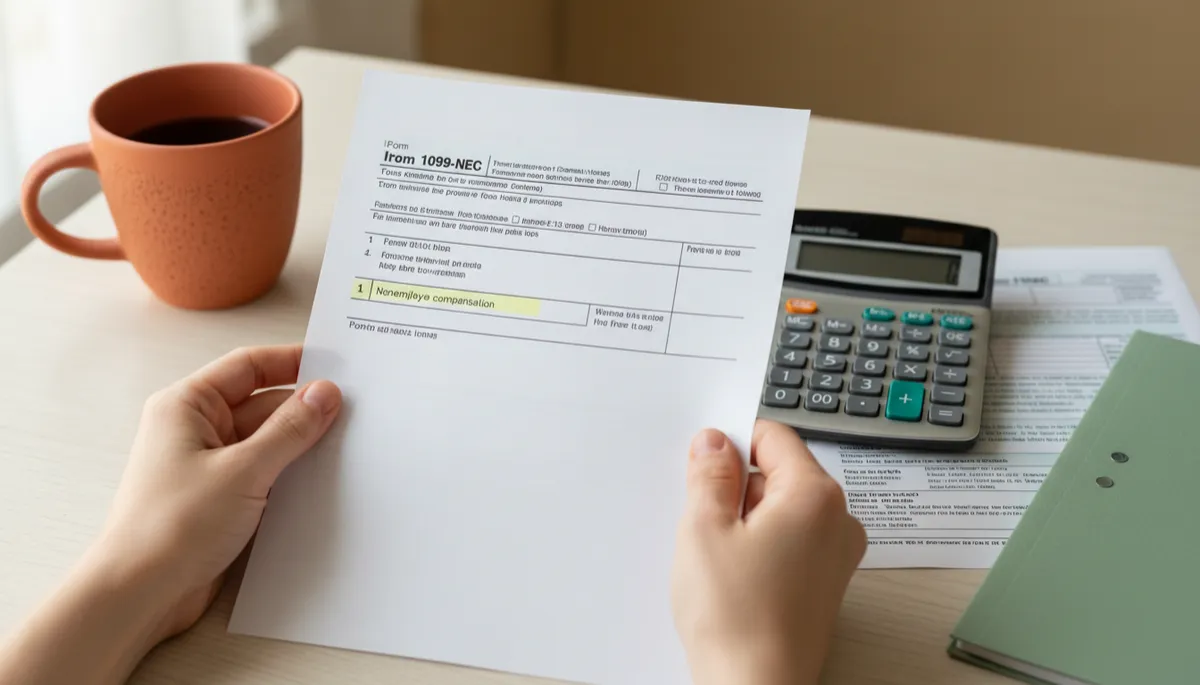 Close-up of 1099-NEC Box 1 with Schedule C and calculator