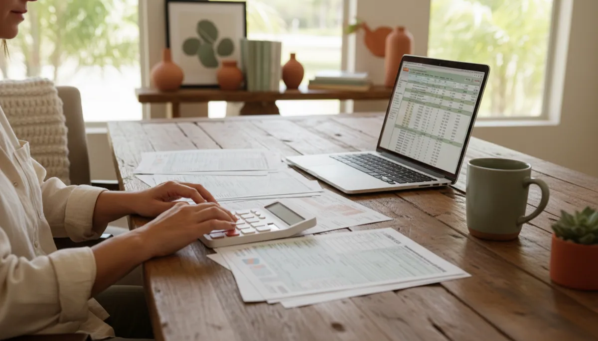 Photorealistic person calculating home office deduction at a desk with tax documents Photorealistic person calculating home office deduction at a desk with tax documents