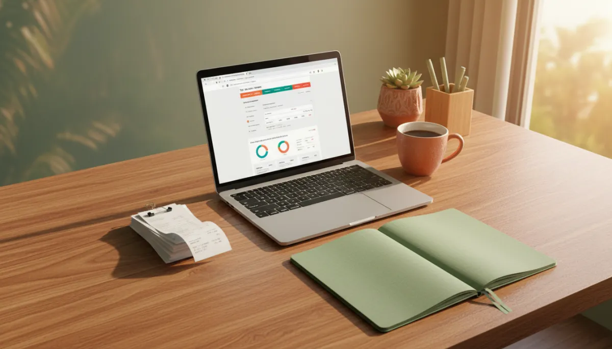 photorealistic overhead view of a South Florida home office with sunlight streaming in, a laptop open to a tax payment website, neatly stacked receipts, a terracotta coffee mug, and a sage green notebook on a wooden desk, subtle warm terracotta and sage green accents throughout