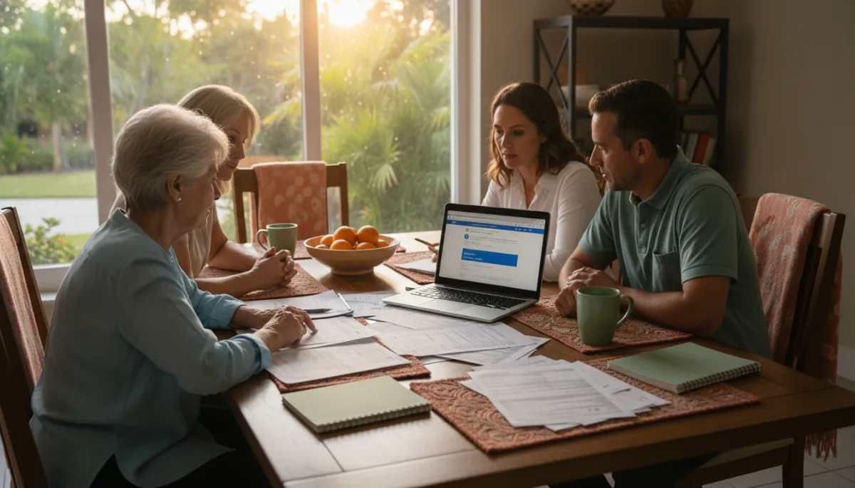photorealistic scene of a multigenerational South Florida family at a kitchen table reviewing college bills and tax documents, soft evening light, laptop open with IRS website on screen, warm terracotta accents in decor and sage green notebooks and coffee mugs