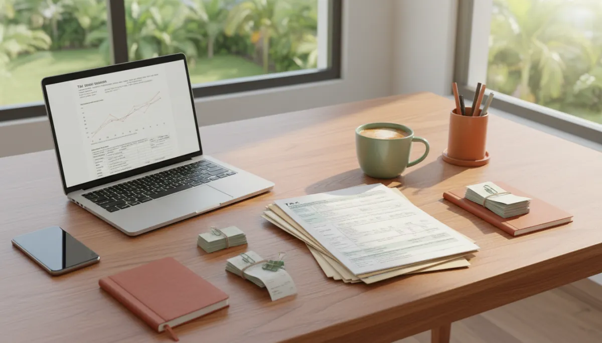 photorealistic overhead view of a South Florida home workspace with a laptop, tax documents, organized receipts, and a smartphone on a warm wood desk, sunlight streaming in, accents of warm terracotta stationery and sage green coffee mug