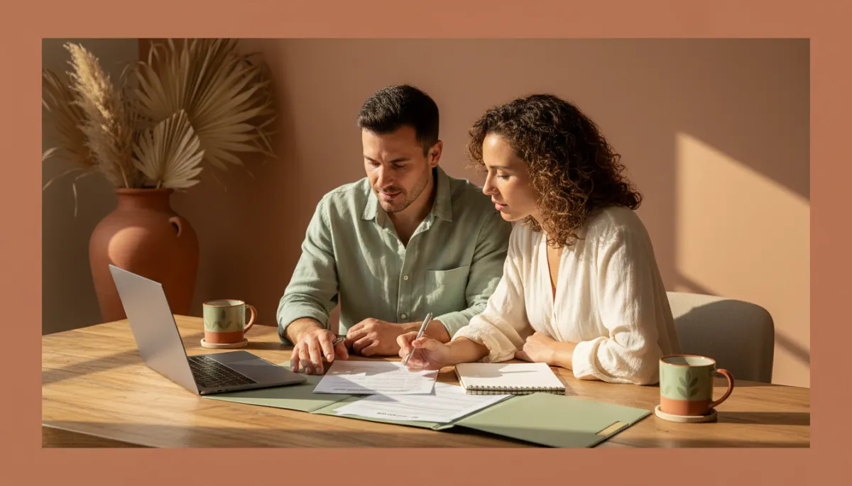 photorealistic scene of a South Florida couple at a dining table reviewing tax documents with a laptop and notepad, soft afternoon light, subtle warm terracotta accents in decor and sage green details on coffee mugs and folders