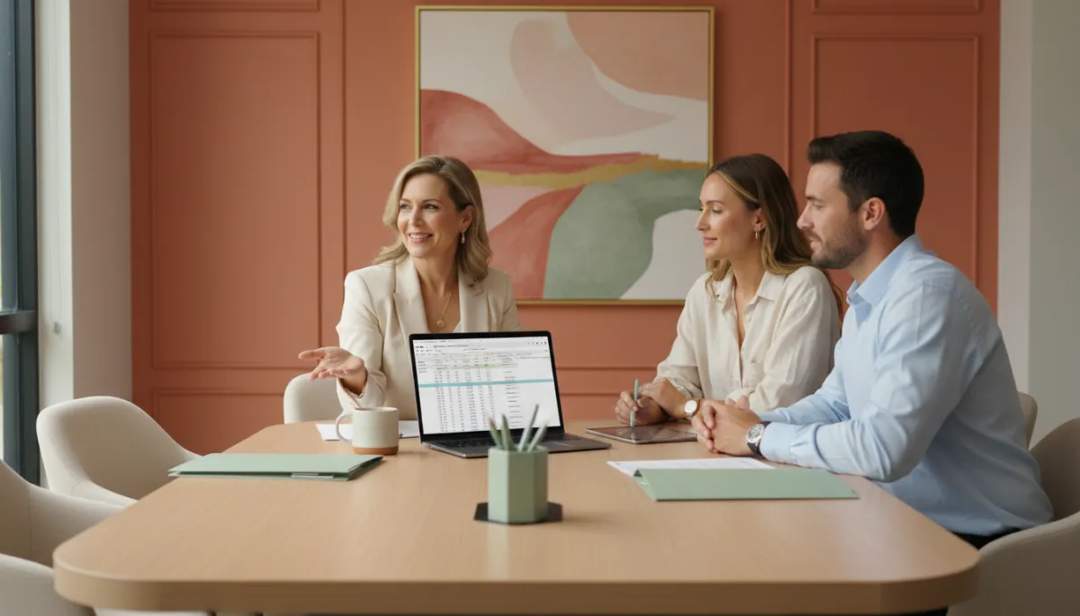 photorealistic wide shot of a professional tax advisor meeting with a young South Florida couple at a modern desk, soft natural light, warm terracotta accents on the walls and decor, sage green folders and office accessories on the table, laptop open with tax documents visible, calm and confident expressions