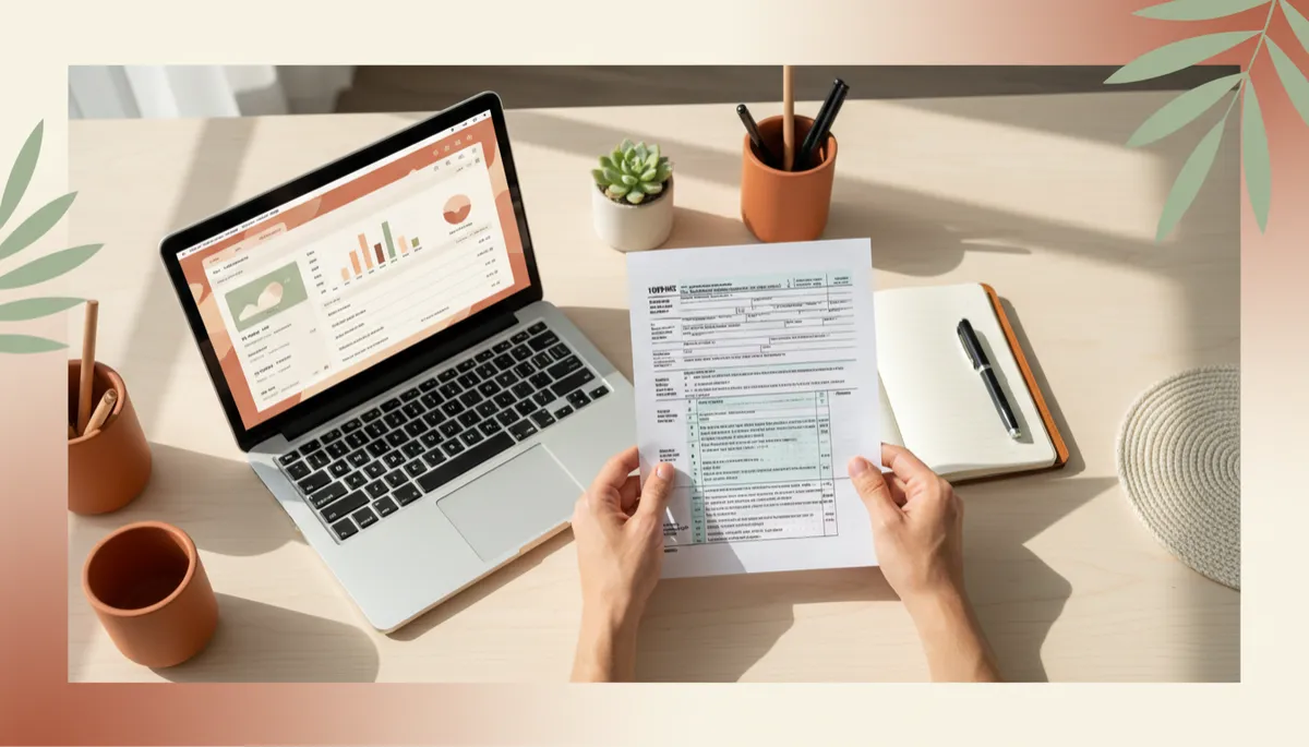 photorealistic overhead view of a Florida independent contractor at a light wood desk reviewing a 1099-NEC form, laptop open to tax software, notebook and pen nearby, soft cream background with terracotta and sage green office accessories, natural daylight, calm professional mood
