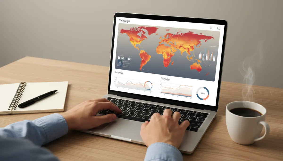 Profissional de marketing analisando desempenho de campanhas geolocalizadas em um laptop