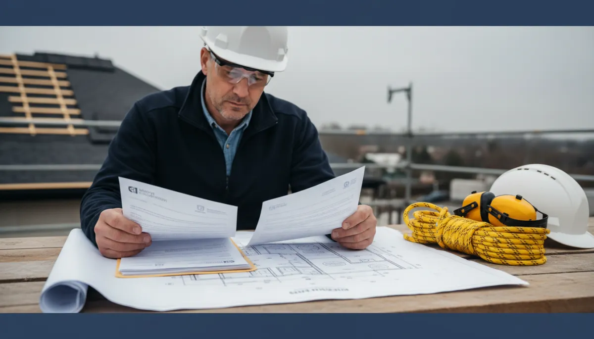 Roofing contractor reviewing insurance documents and contracts at a jobsite table