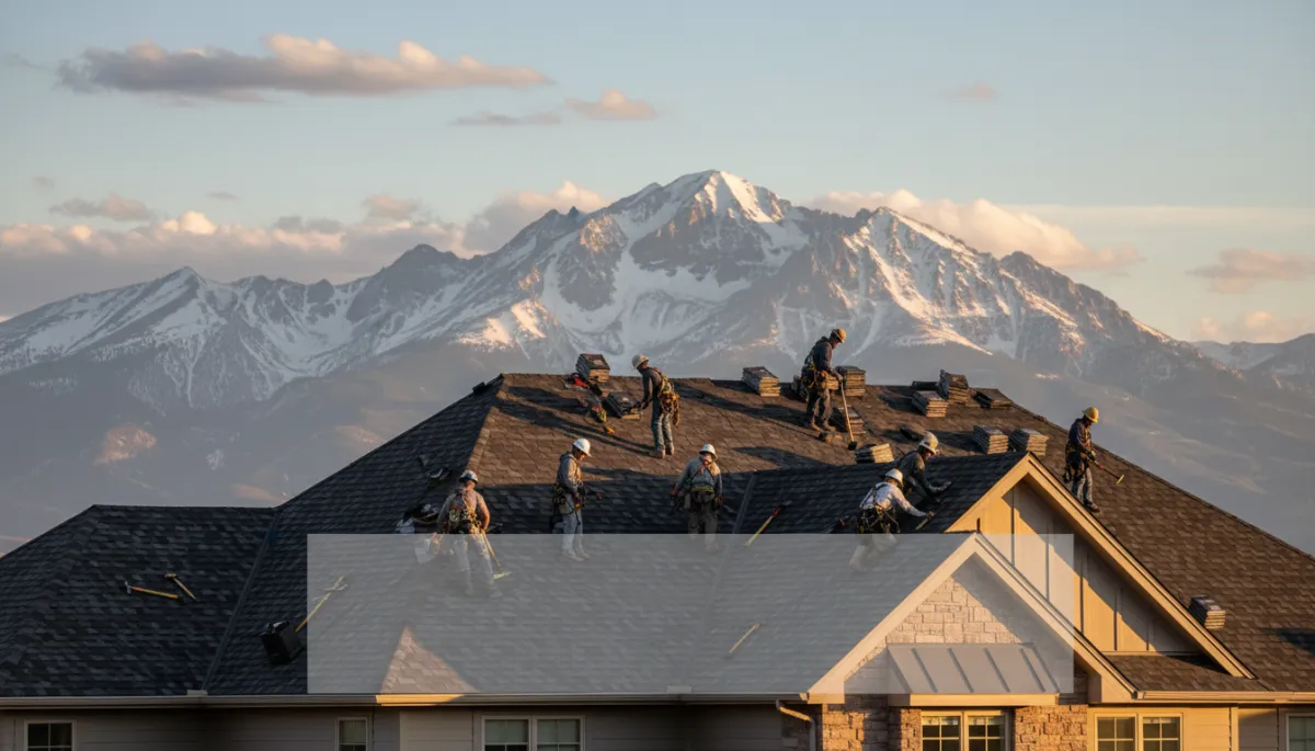 photorealistic wide shot of a roofing crew working on a steep residential roof in Colorado Springs with Pikes Peak in the background under partly cloudy skies, neutral color palette, subtle text overlay area in sky