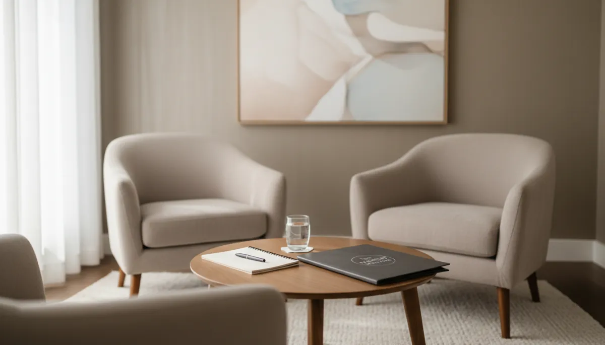Calm professional coaching room prepared for a confidential conversation
