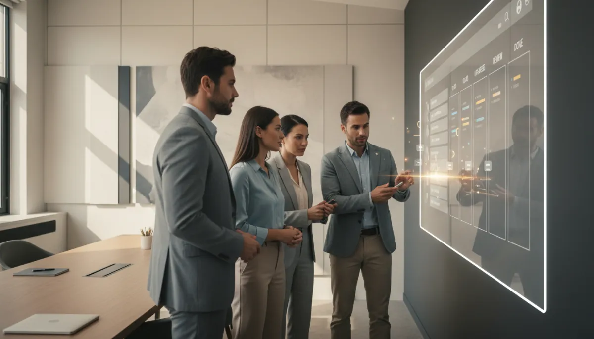 Small business team reviewing a clear automated workflow board in a neutral-toned office