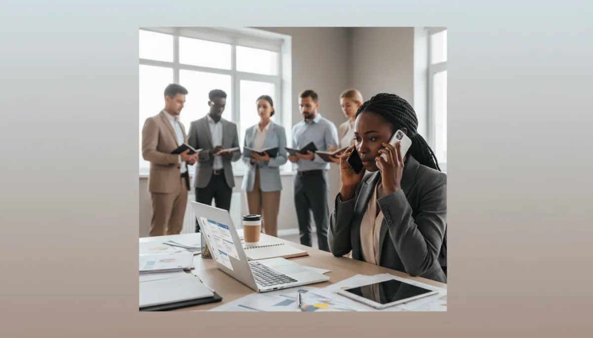 professional photorealistic neutral-toned scene of a Nigerian founder at a crowded desk juggling phone calls laptop messages and paper documents while a small team waits nearby for decisions professional photorealistic neutral-toned scene of a Nigerian founder at a crowded desk juggling phone calls laptop messages and paper documents while a small team waits nearby for decisions