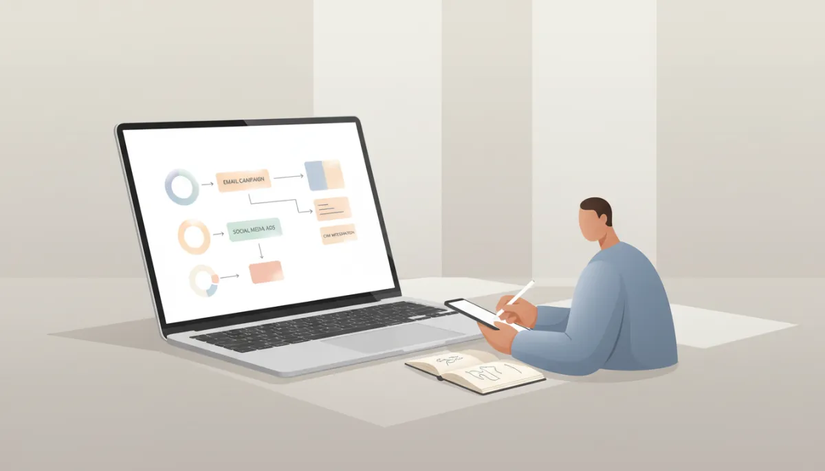 Automated marketing workflow displayed on a laptop in a professional setting Automated marketing workflow displayed on a laptop in a professional setting