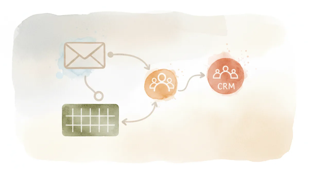 Illustration of a no-code workflow connecting email, spreadsheet, and CRM tools Illustration of a no-code workflow connecting email, spreadsheet, and CRM tools