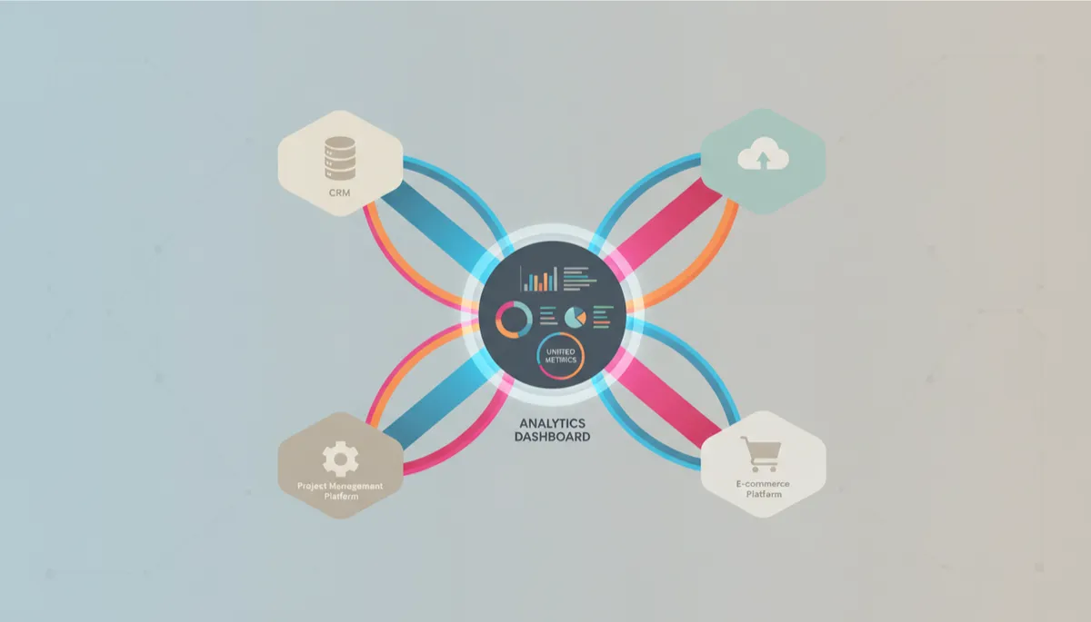 Professional illustration of software islands connected by bridges into a central dashboard hub Professional illustration of software islands connected by bridges into a central dashboard hub